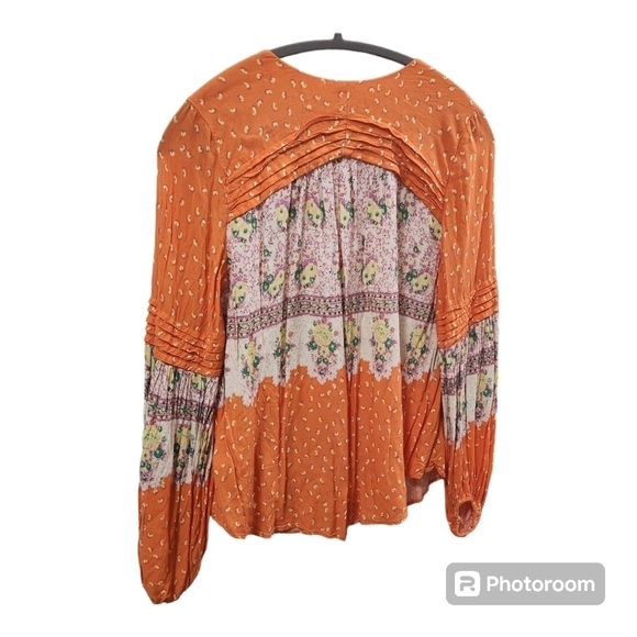 Anthropologie Maeve Ceresco Orange Floral Pleated Peasant Top 🌼 Small  ‎ 💖 - Picture 11 of 11